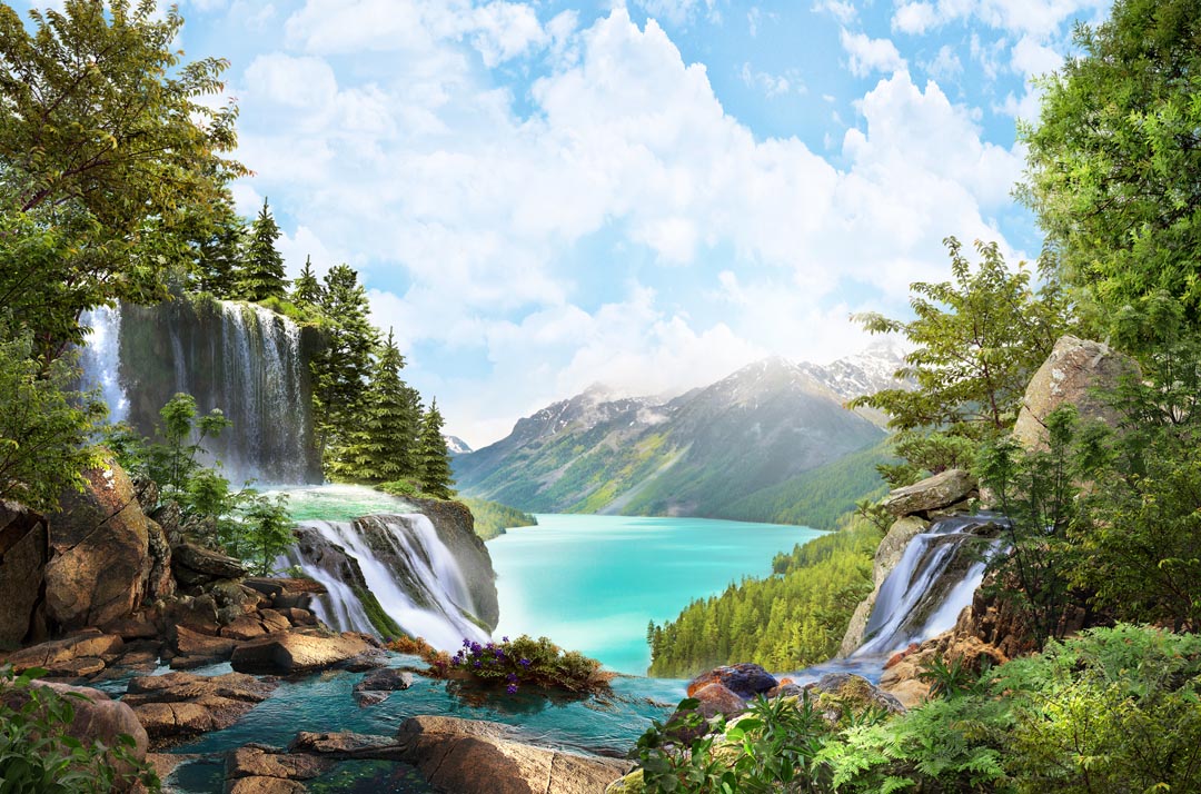Фотообои водопад над озером в горах