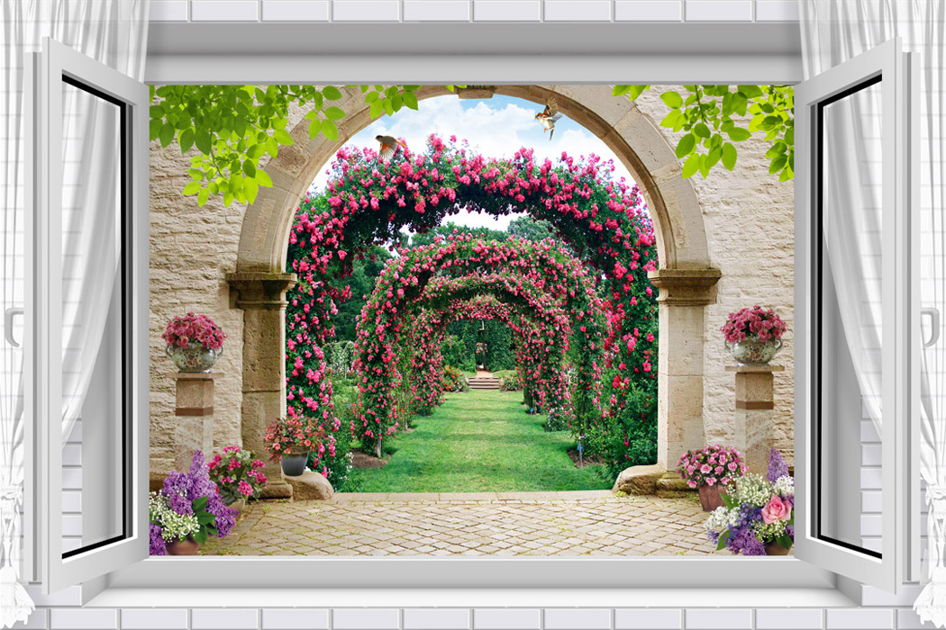 Фотообои  Вид из окна на сад с розами