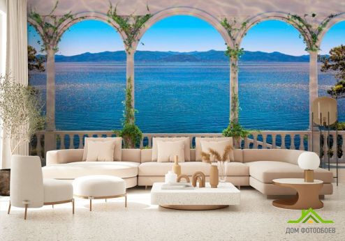 выбрать Фотообои Арки с видом на море Фотообои Фотообои Дизайнерские фрески: горизонталная, горизонтальная ориентация на стену