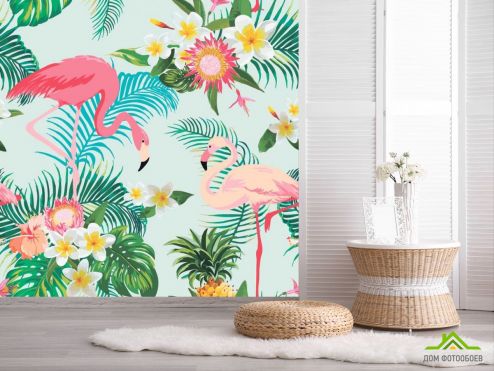 выбрать Фотообои Тропические листья Фотообои с Фламинго на стену