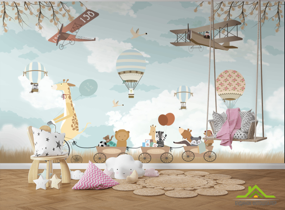 выбрать Фотошпалери Звери на велосипеде и воздушные шары Каталог фотошпалер на стіну