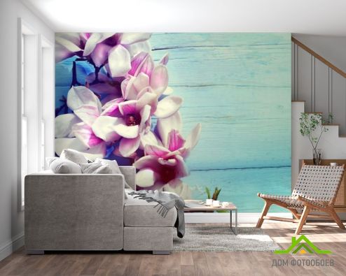 выбрать Фотообои цветы на голубом деревянном фоне Фотообои Фотообои Цветы:  на стену