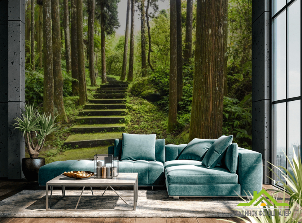 выбрать Фотообои зеленые ступеньки в лесу Каталог фотообоев на стену