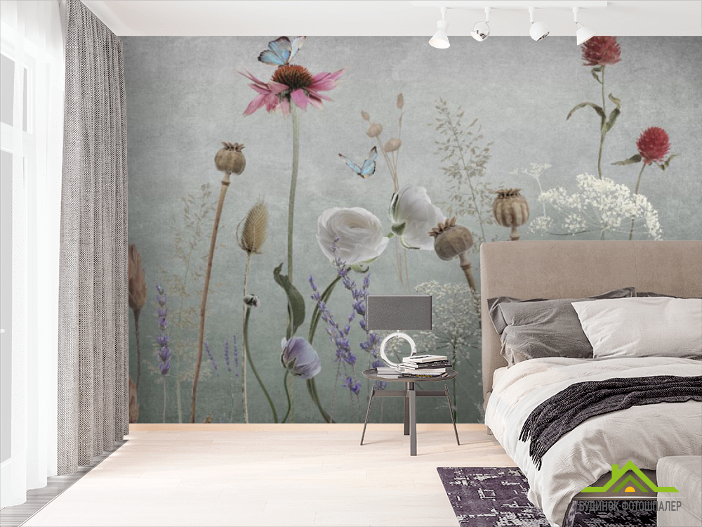 Фотошпалери польові дизайнерські квіти сірі