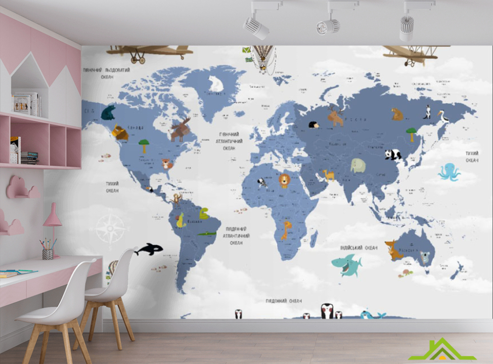 выбрать Фотообои Карта детская синие континенты на украинском Каталог фотообоев на стену