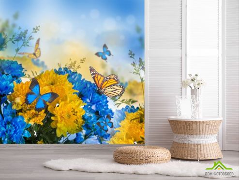выбрать Фотошпалери блакитно-жовті квіти і метелики  на стіну