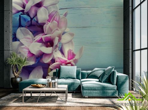 выбрать Фотообои цветы на голубом деревянном фоне  на стену