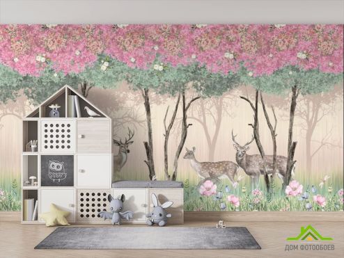 выбрать Фотообои Олени в розовом лесу Фотообои, цвет: «горизонталная, горизонтальная» на стену