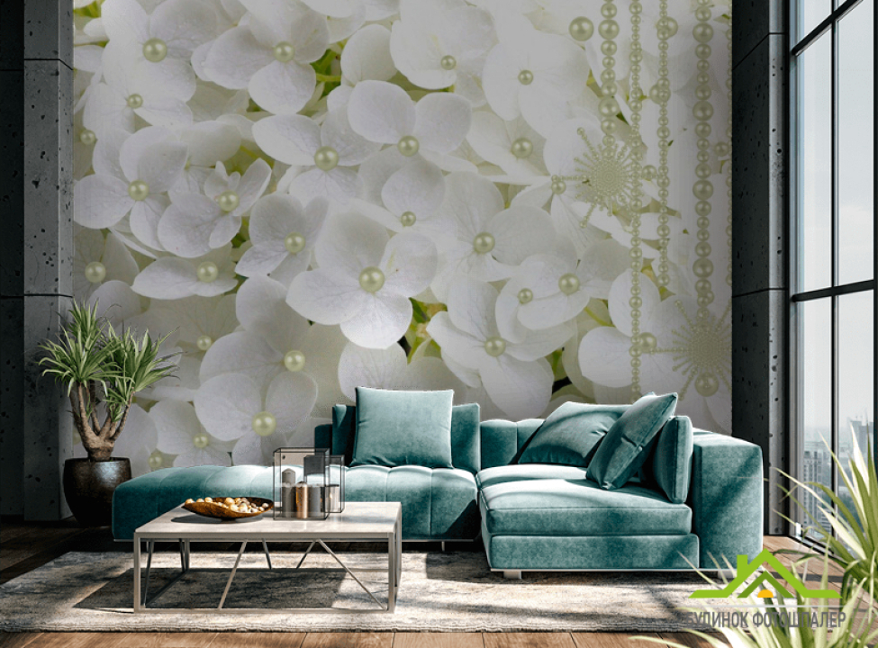выбрать Фотообои Белая гортензия и бусины Каталог фотообоев на стену