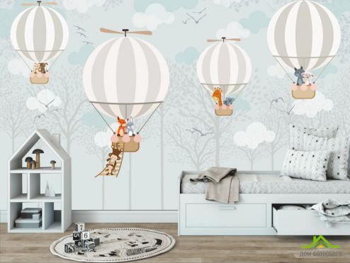 выбрать Фотообои Звери летящие на воздушных шарах Фотообои Little kids на стену