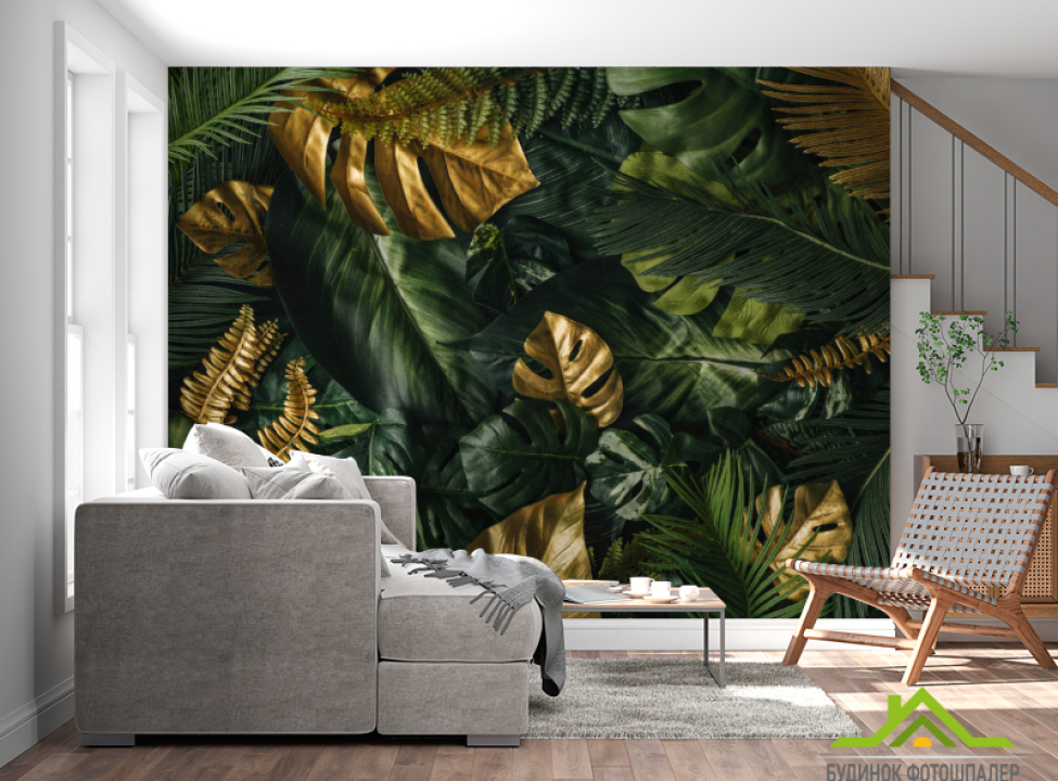 выбрать Фотошпалери Зелене листя з золотом Каталог фотошпалер на стіну