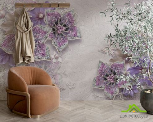 выбрать Фотошпалери 3d брошка+квіти Фотошпалери 3D фотошпалери : квадратна, горизонтальна, фіолетовий орієнтація на стіну