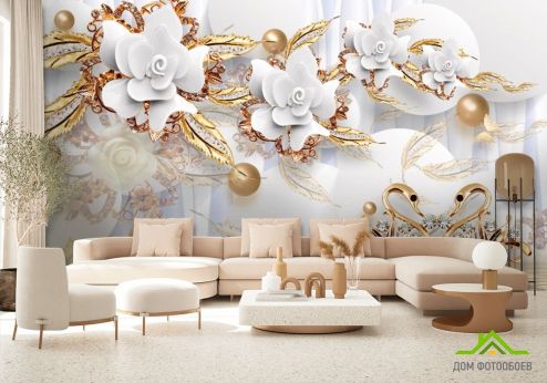 выбрать Фотообои Керамические цветы с золотом Фотообои 3Д барельеф на стену
