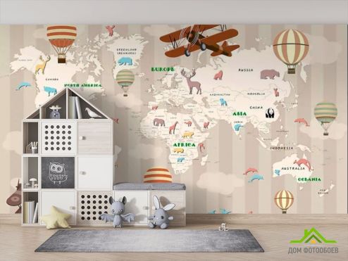 выбрать Фотообои карта мира с животными и самолетами Фотообои Little kids на стену