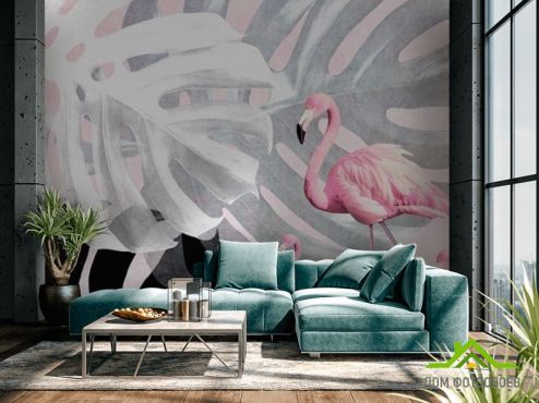 выбрать Фотообои Фламинго и Монстера Фотообои, цвет: «горизонталная, горизонтальная» на стену