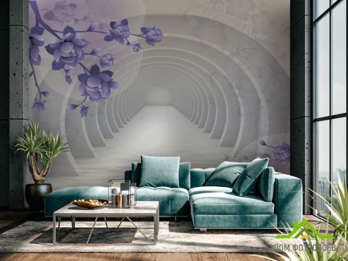 выбрать 3д фотообои Тоннель с фиолетовыми цветами Фотообои Расширяющие пространство на стену