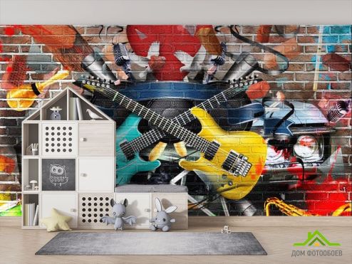 выбрать Фотообои Граффити стена с гитарой Фотообои Фотообои в детскую: горизонталная, горизонтальная ориентация на стену