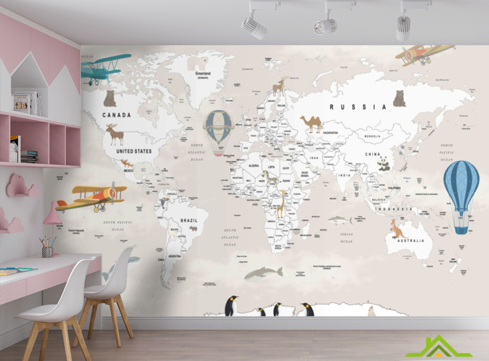 выбрать Фотообои Бежевая карта на английском самолеты и шары Каталог фотообоев на стену