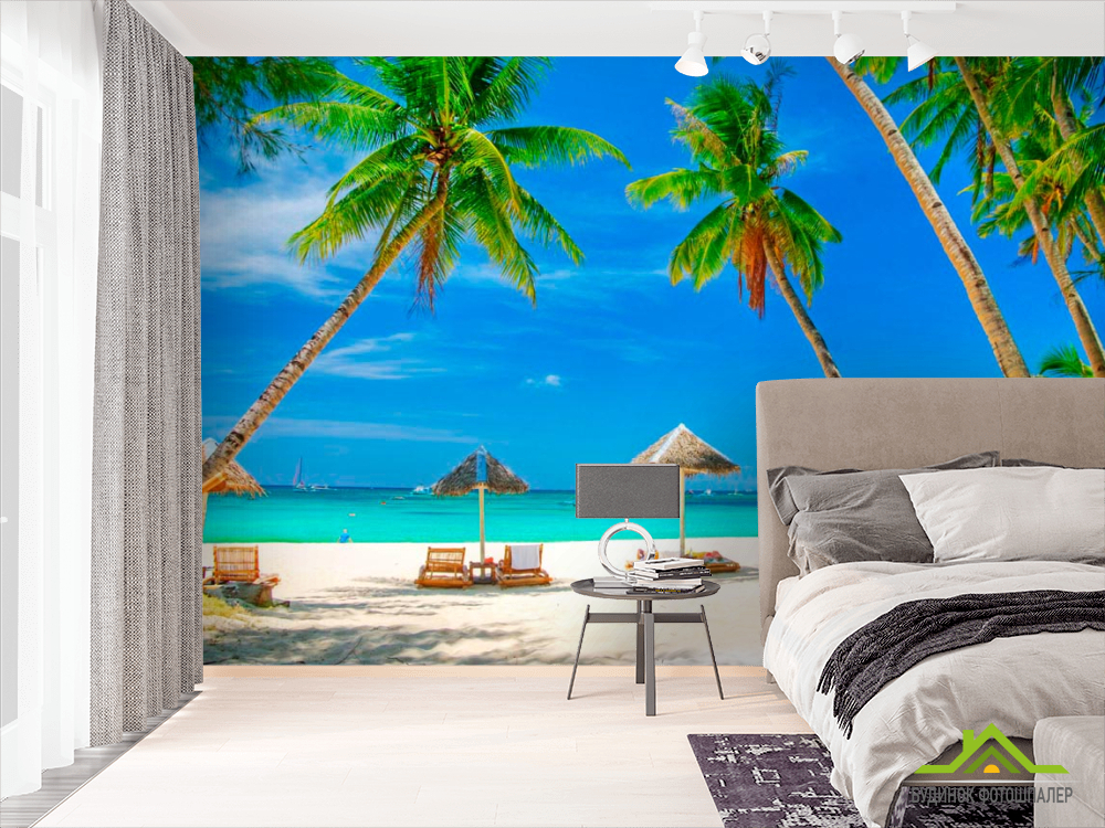 Фотошпалери Шезлонг, пальми, пляж