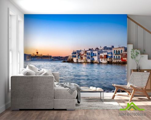 выбрать Фотообои пароход на берегу вечернего моря Фотообои, цвет: «горизонталная, горизонтальная» на стену