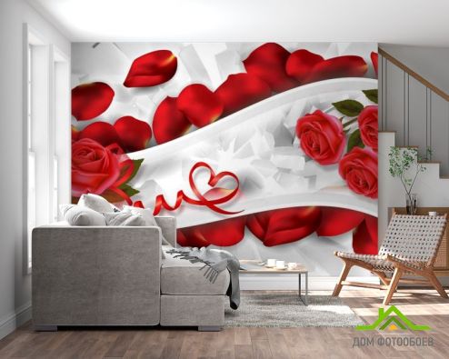 выбрать Фотошпалери Червоні троянди зі стрічками Фотошпалери Фотошпалери Квіти: квадратна, горизонтальна орієнтація на стіну