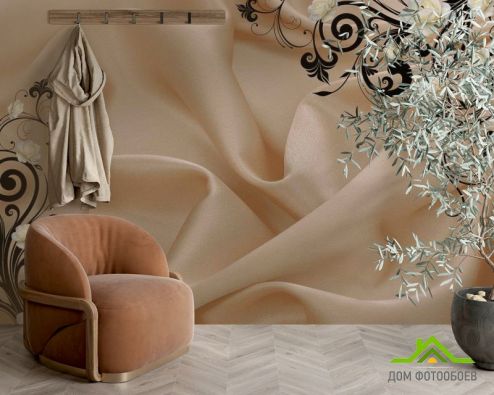 выбрать Фотообои Атласная ткань и 3d розы Фотообои 3D фотообои: картинка, белая, коричневый  на стену