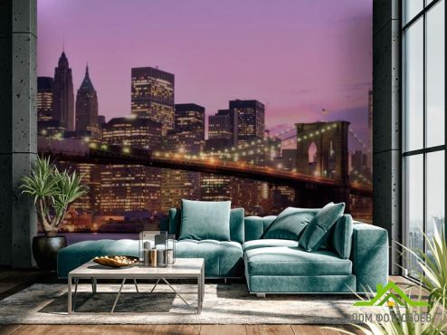 выбрать Фотообои Зачарованный  мост Нью-Йорка Фиолетовые фотообои на стену