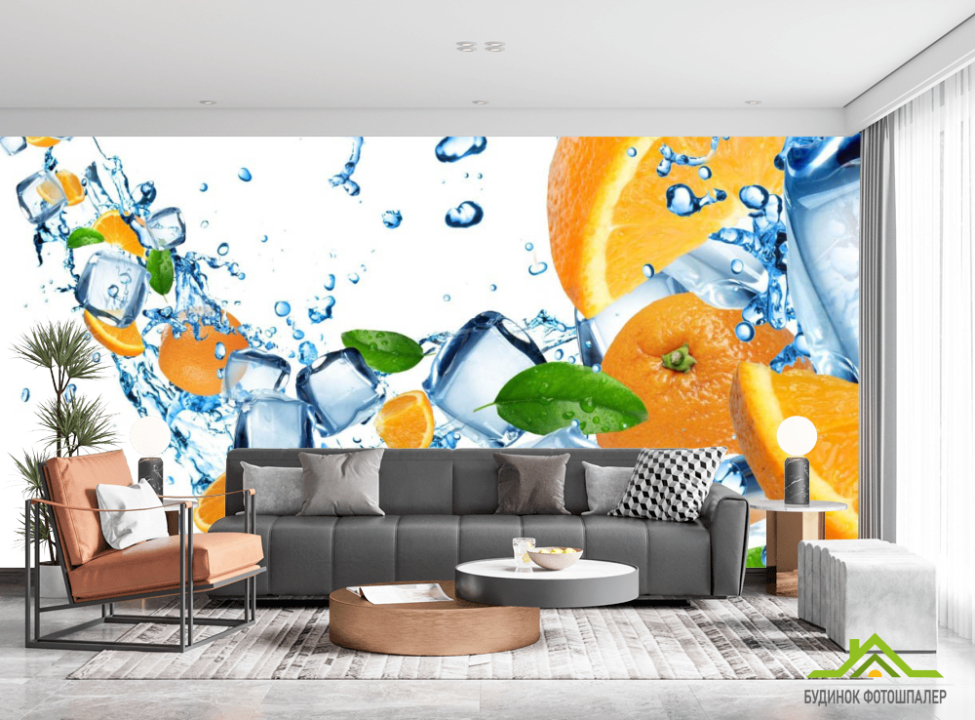 выбрать Фотошпалери Апельсини і кубики льоду Каталог фотошпалер на стіну