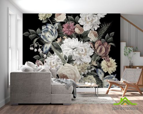 выбрать Фотообои Винтажные цветы на черном фоне Фотообои Фотообои Цветы: горизонталная, горизонтальная на стену
