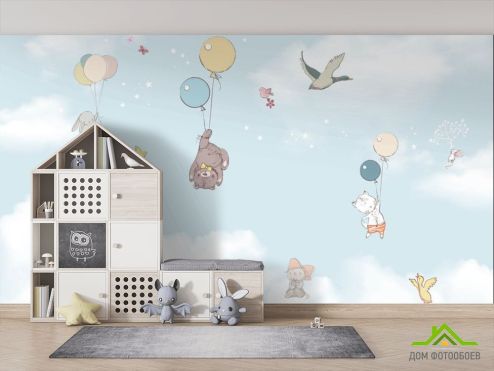 выбрать Фотошпалери Звірі в небо на повітряних кульках Фотошпалери Little kids на стіну
