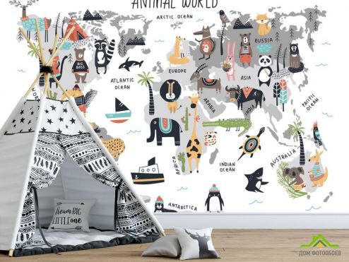 выбрать Фотошпалери Карта світу з тваринами Фотошпалери Little kids на стіну