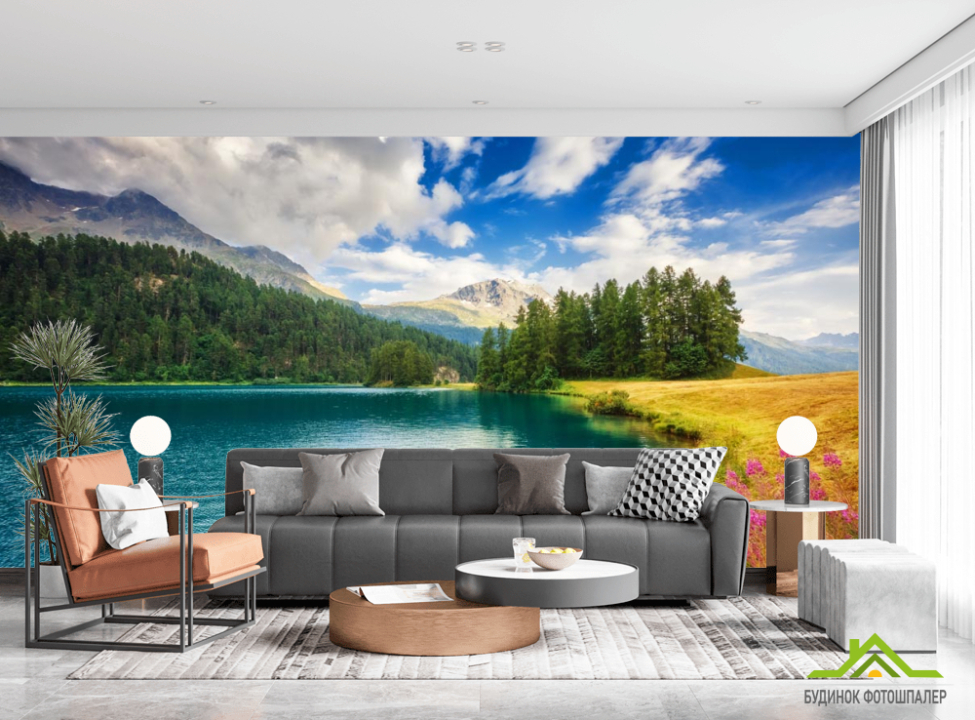 выбрать Фотообои берег горной реки Каталог фотообоев на стену