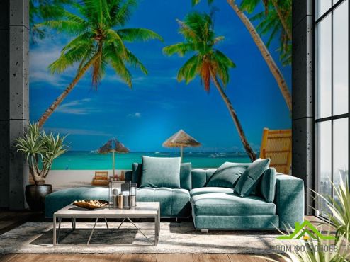 выбрать Фотообои Шезлонг, пальмы, пляж Фотообои Фотообои Море: горизонталная, горизонтальная ориентация на стену