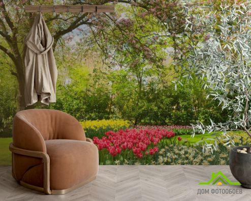 выбрать Фотообои розовые тюльпаны в цветочном саду Фотообои Фотообои Природа: горизонталная, горизонтальная ориентация на стену