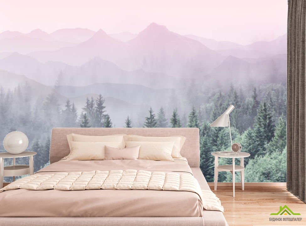 выбрать Фотошпалери ліс з рожевими горами Каталог фотошпалер на стіну