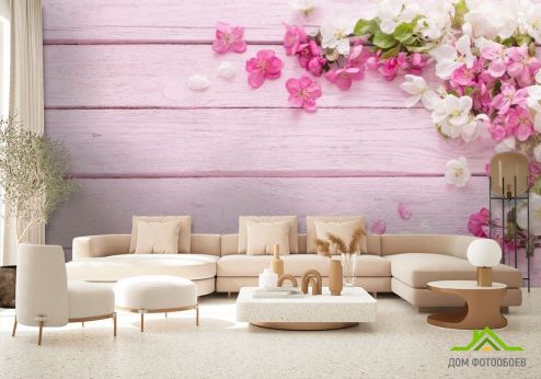 выбрать Фотообои белые и розовые лепестки на розовом деревянном фоне Фотообои Фотообои Цветы:  на стену