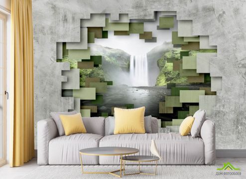 выбрать Фотообои Стена с видом на водопад Фотообои в гостиную: горизонталная, горизонтальная ориентация на стену