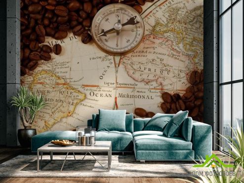 выбрать Фотообои Карта, компас, кофе Фотообои Фотообои карта Мира: фото, белая, коричневый  на стену