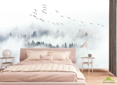 выбрать Фотообои Птицы над туманным лесом Фотообои, цвет: «горизонталная, горизонтальная» на стену