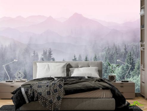 выбрать Фотообои Лес с розовыми горами Фотообои в спальню: горизонталная, горизонтальная ориентация на стену