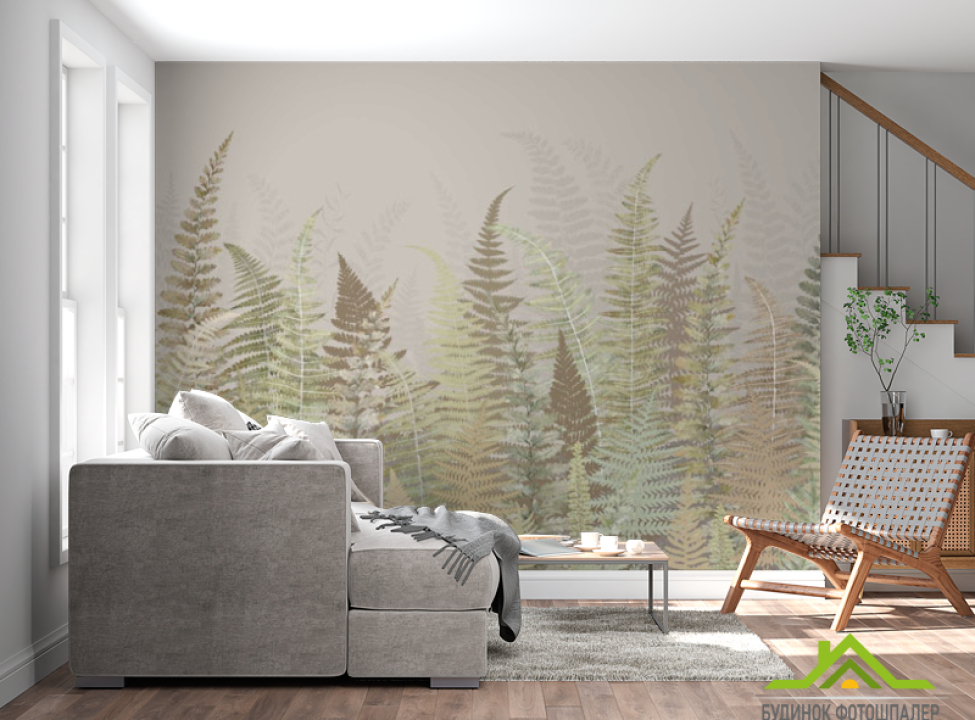 выбрать Фотошпалери листя папороті зелено бежевий відтінок Каталог фотошпалер на стіну