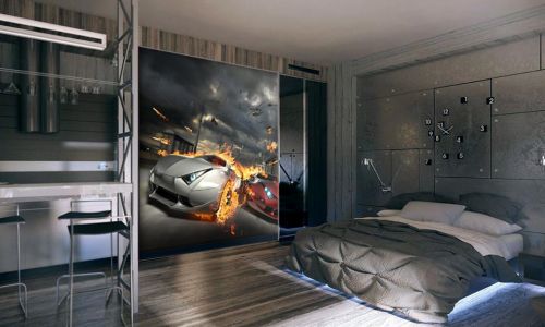 Фотошпалери в інтер'єрі спальні з фото - Фотошпалери Вогненний авто