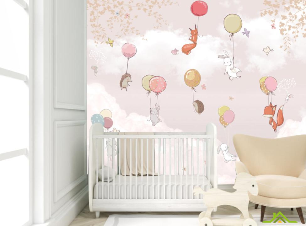 выбрать Фотошпалери Звірі на повітряних кульках у рожевому небі Каталог фотошпалер на стіну