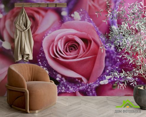выбрать Фотошпалери рожеві троянди в сереневой сітці Фотошпалери, колір: «» на стіну