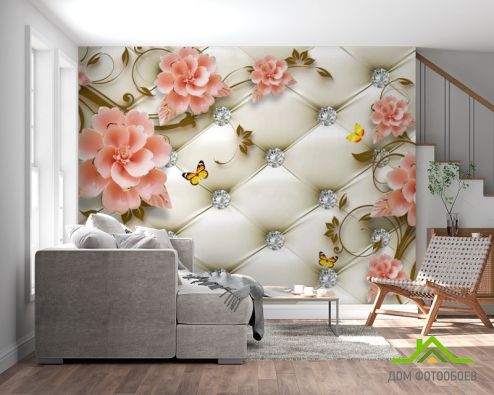 выбрать Фотообои Керамические цветы на фоне оббивки Фотообои 3D фотообои: горизонталная, горизонтальная ориентация на стену