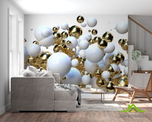 выбрать Фотообои Бело-золотые 3д шары Фотообои, цвет: «горизонталная, горизонтальная» на стену