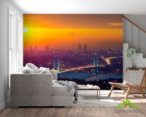 выбрать Фотошпалери красивий жовтий захід сонця над містом Фотошпалери, колір: «» на стіну
