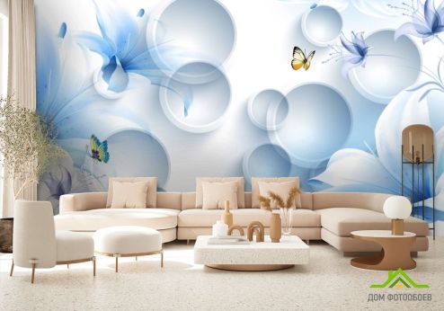 выбрать Фотообои  Синие цветы с бабочками Фотообои 3D фотообои: горизонталная, горизонтальная ориентация на стену