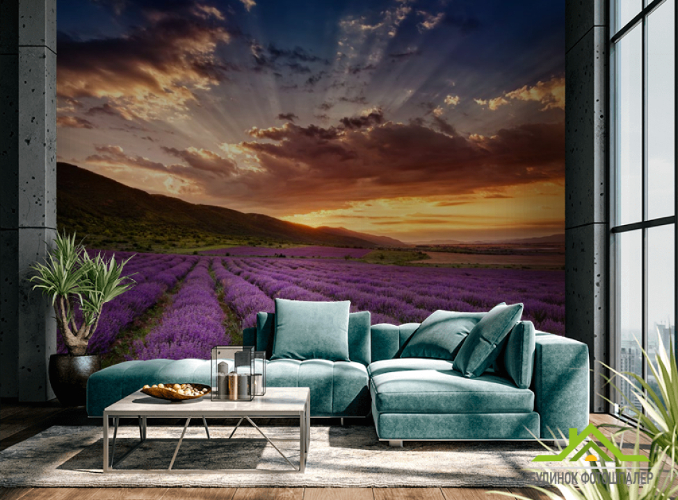 выбрать Фотообои закат над сиреневым полем Каталог фотообоев на стену