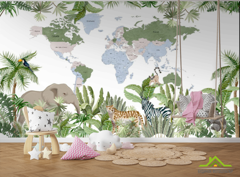 выбрать Фотошпалери карта дитяча з тропічним лісом і тваринами англійською Каталог фотошпалер на стіну